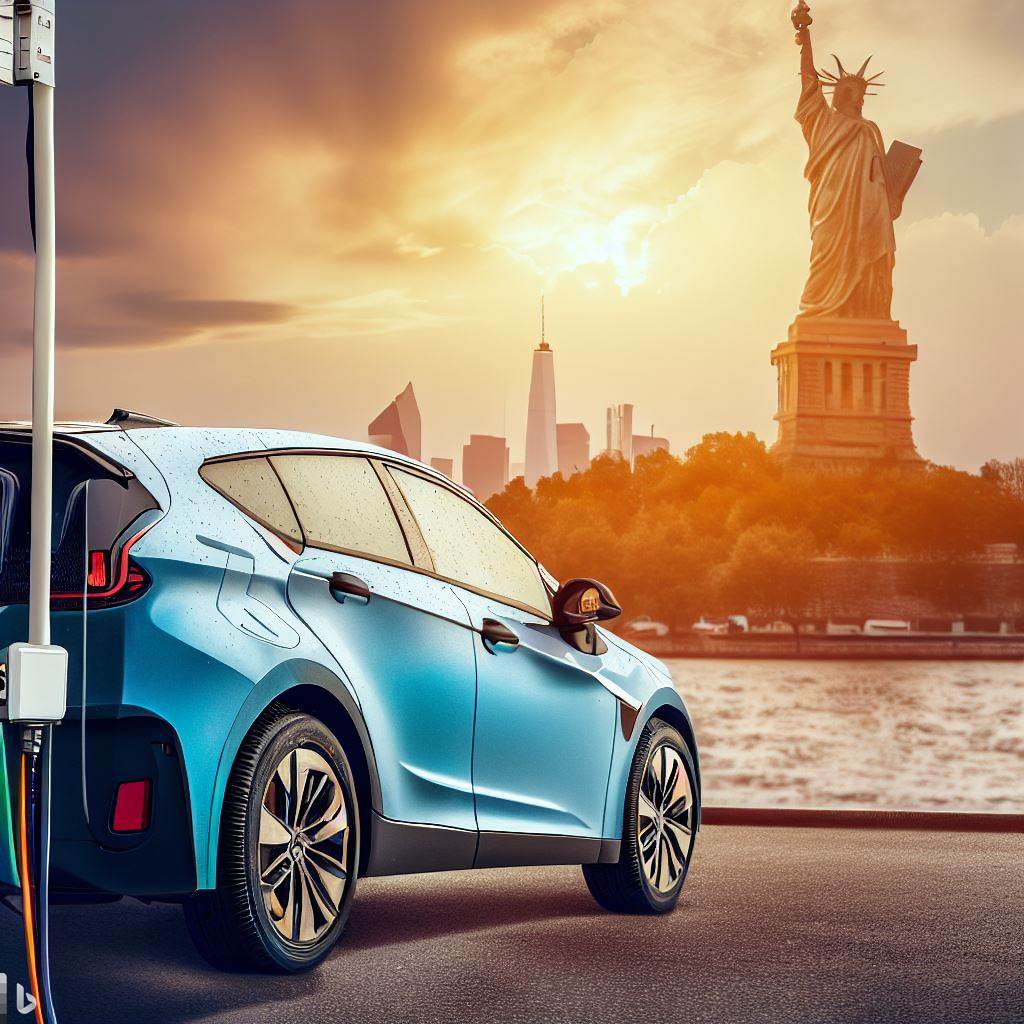 Electric car charging at statue of liberty