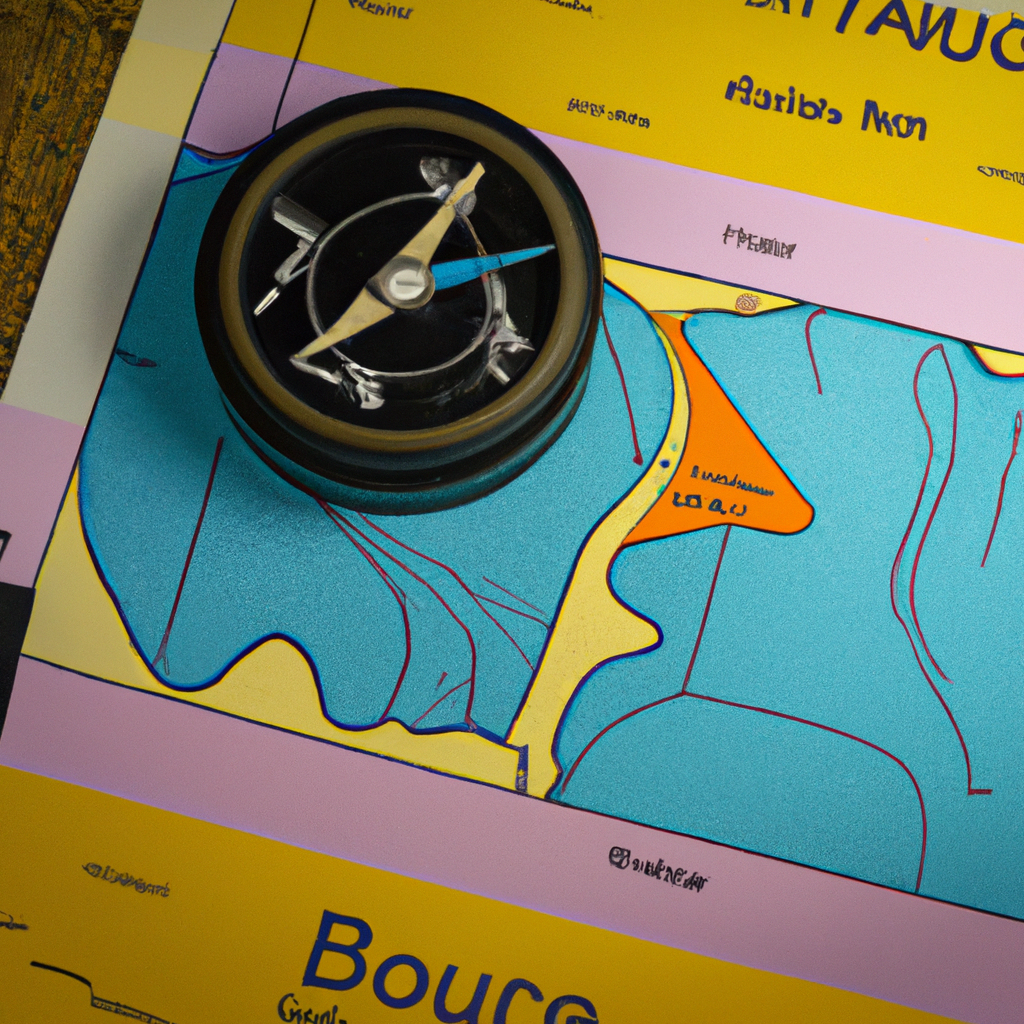 A map with a highlighted route and a compass