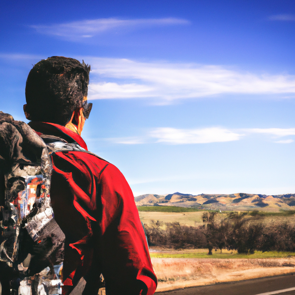 A person with a backpack and sunglasses on a solo road trip