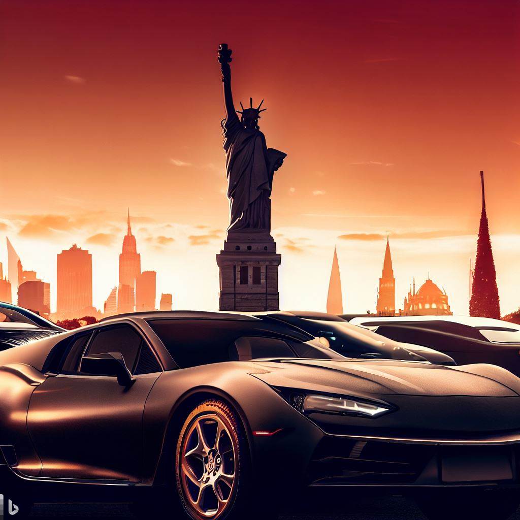 Assortment of luxury cars set against famous North American landmarks such as the Statue of Liberty.