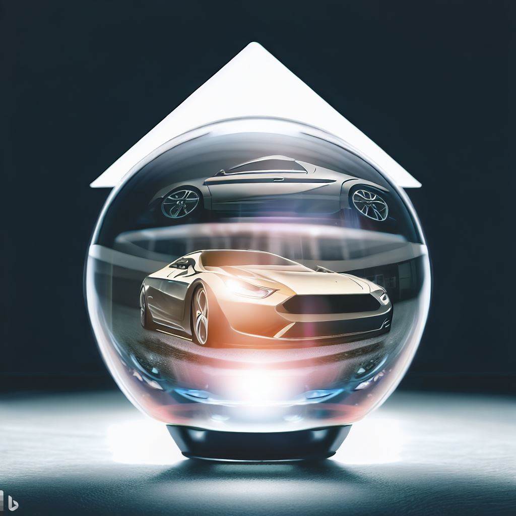 A crystal ball revealing luxury cars and an upward-pointing arrow.