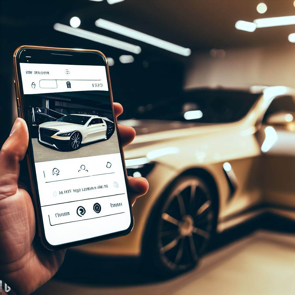 Smartphone displaying a luxury car rental app interface, with a high-end car ready for pick-up