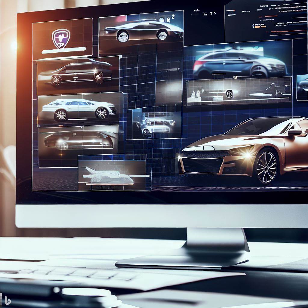 Computer screen displaying car rental software with luxury car images and data analytics.
