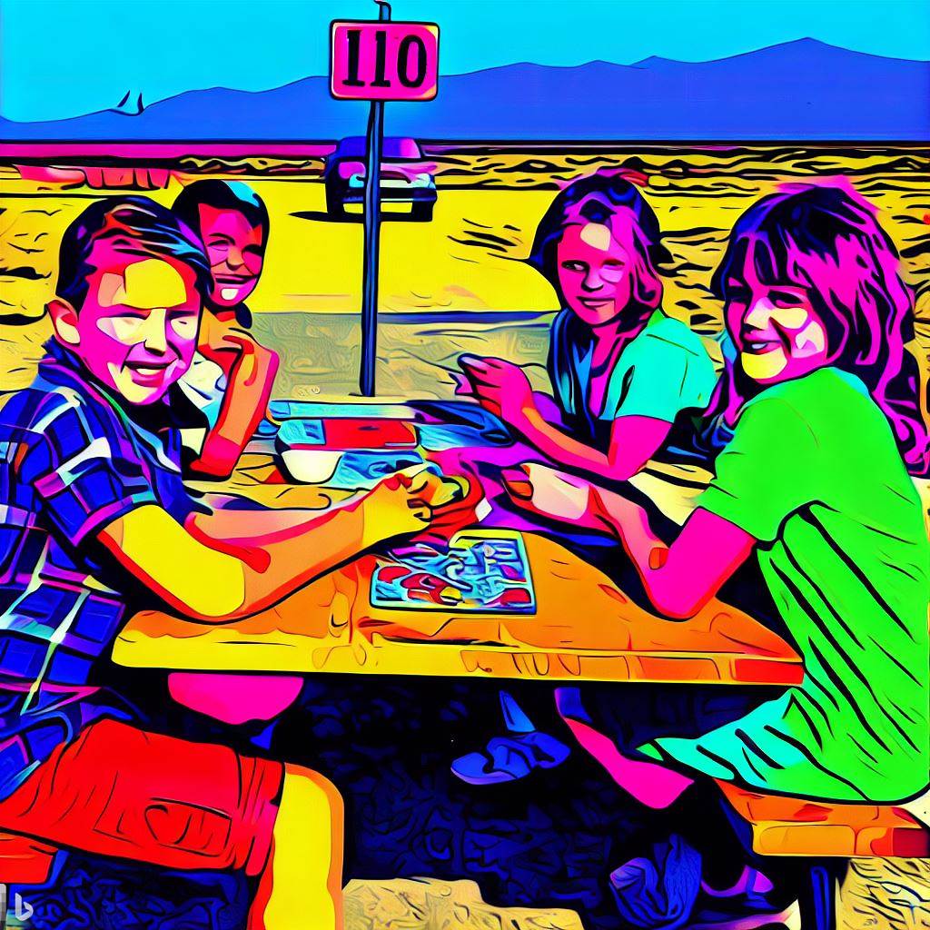 Family enjoying a board game during a road trip break.