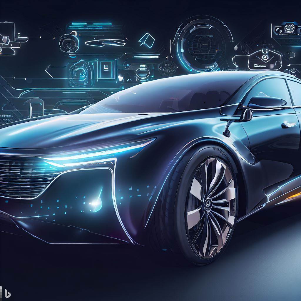 Futuristic luxury car showcasing advanced interactive touch displays and autonomous driving technology