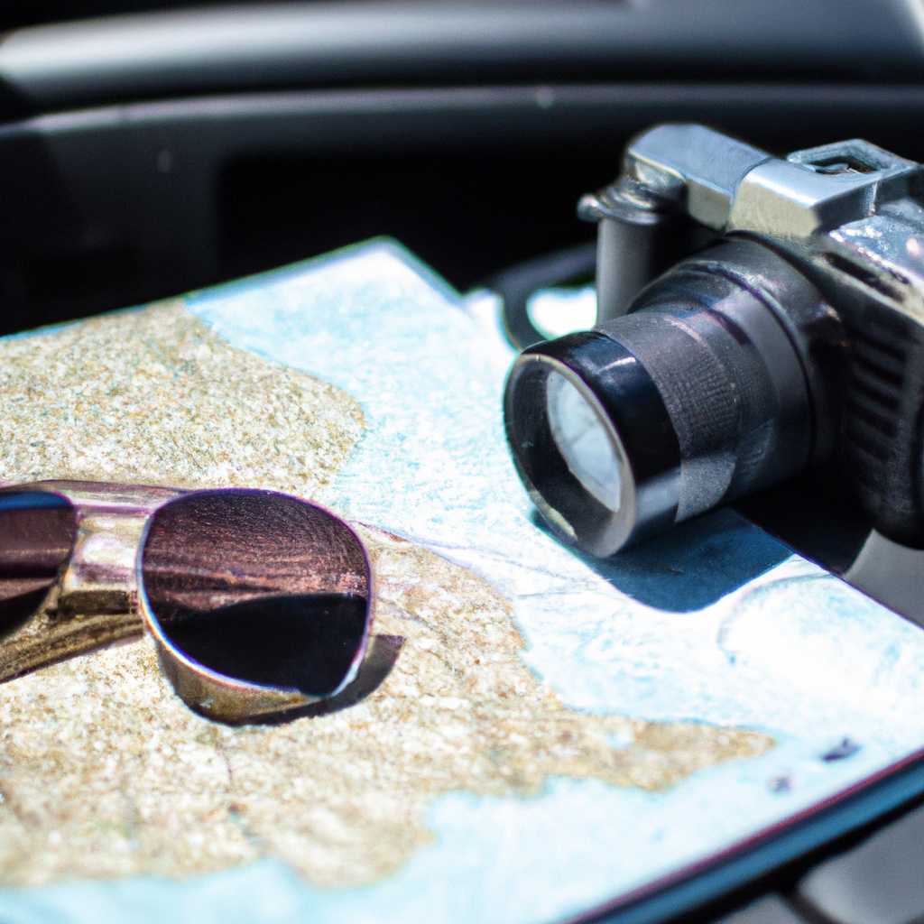 Travel essentials with a camera ready to capture road trip memories.