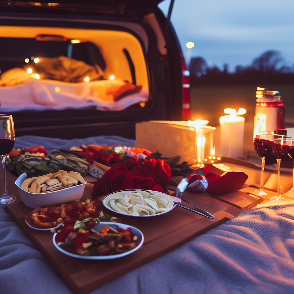 A romantic rental car picnic setup with glowing candles, a spread of gourmet road trip meals, and wine glasses