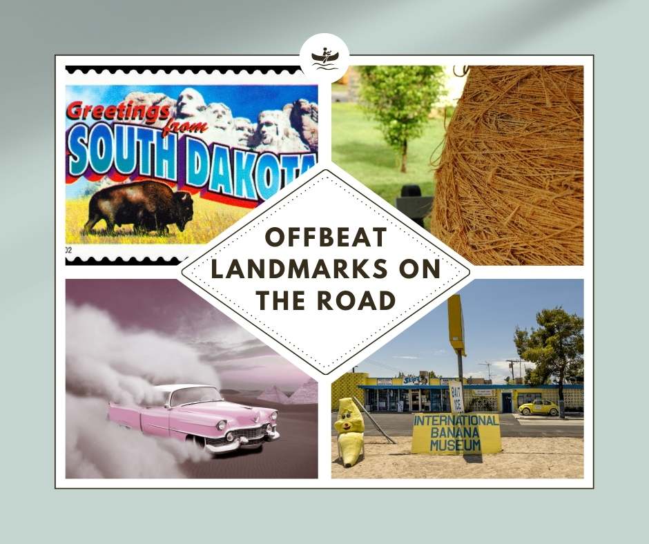 Collage of offbeat road trip landmarks