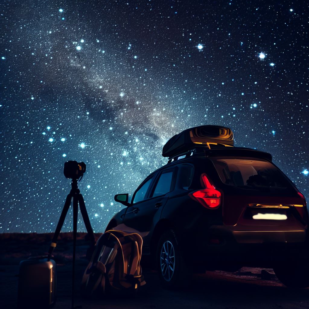 Image of a rental car with telescopes and camping gear