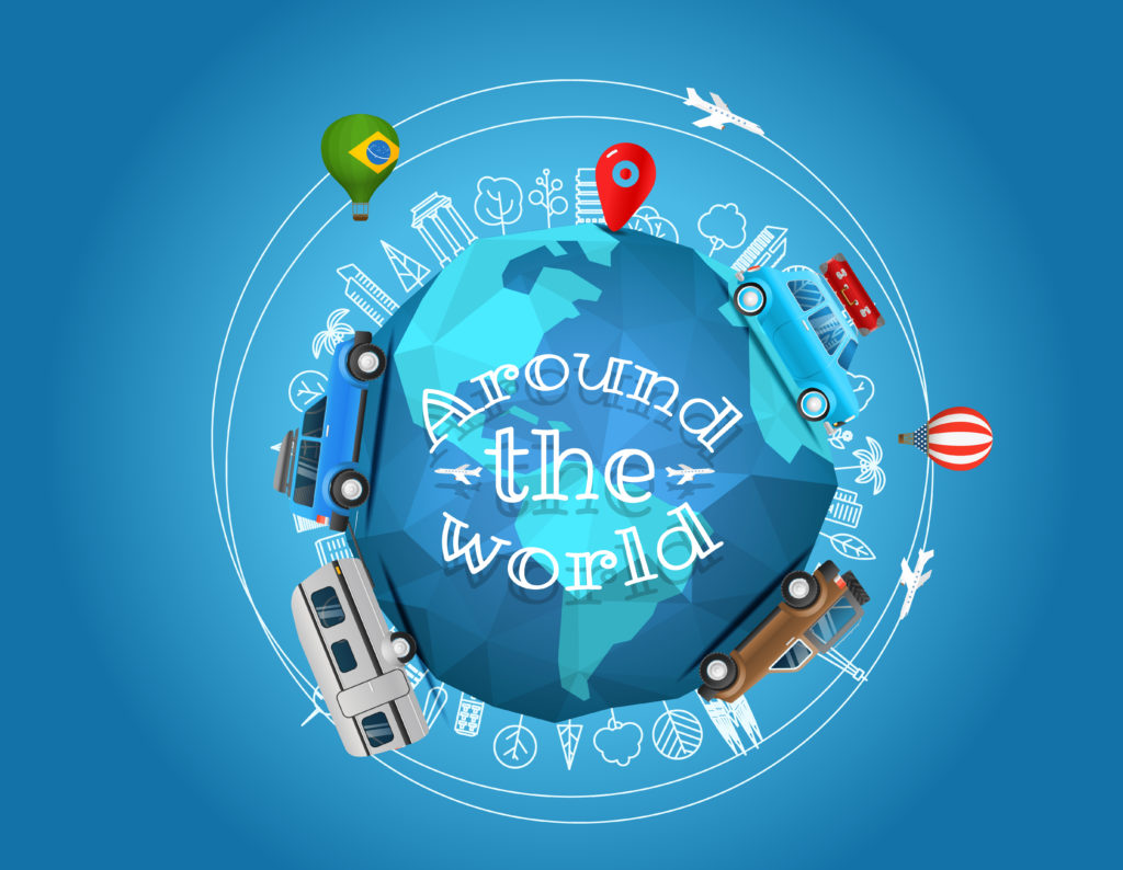 Global map highlighting international car rental destinations