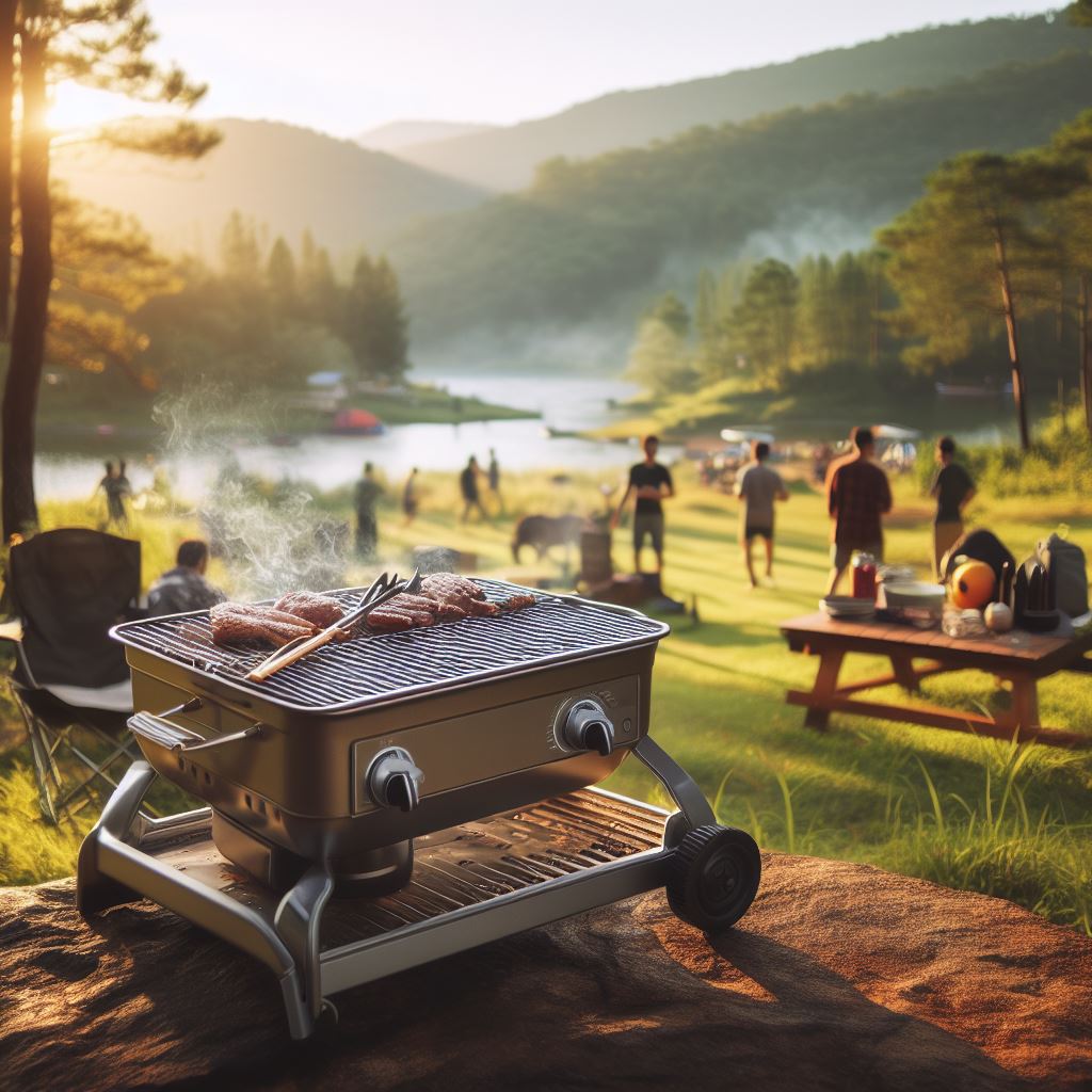 Portable grill at scenic campsite with outdoor games